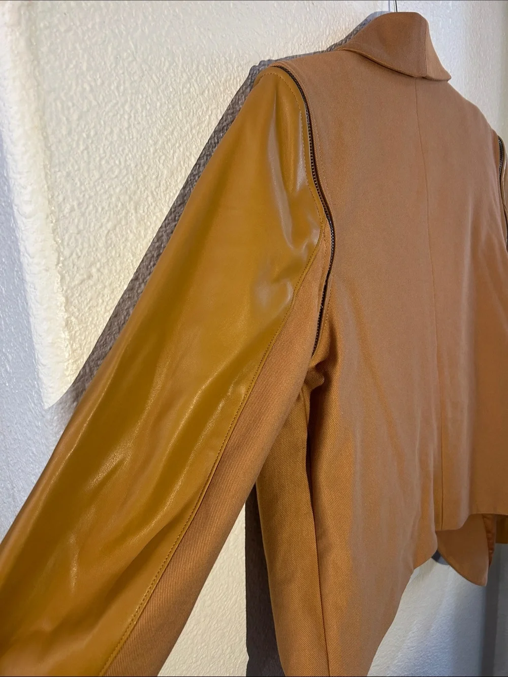 G by Giuliana Tan Camel Cropped Blazer with Faux-Leather Sleeves